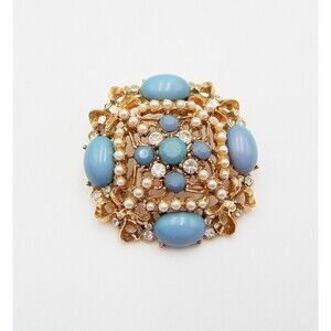 Gold Tone Brooch Blue Cabochon Faceted Stones Pearls Crystal Rhinestone Filigree